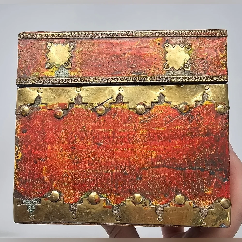 Handmade Pier 1 India Decorative Brass Wood Hinged Trinket Stash Box
